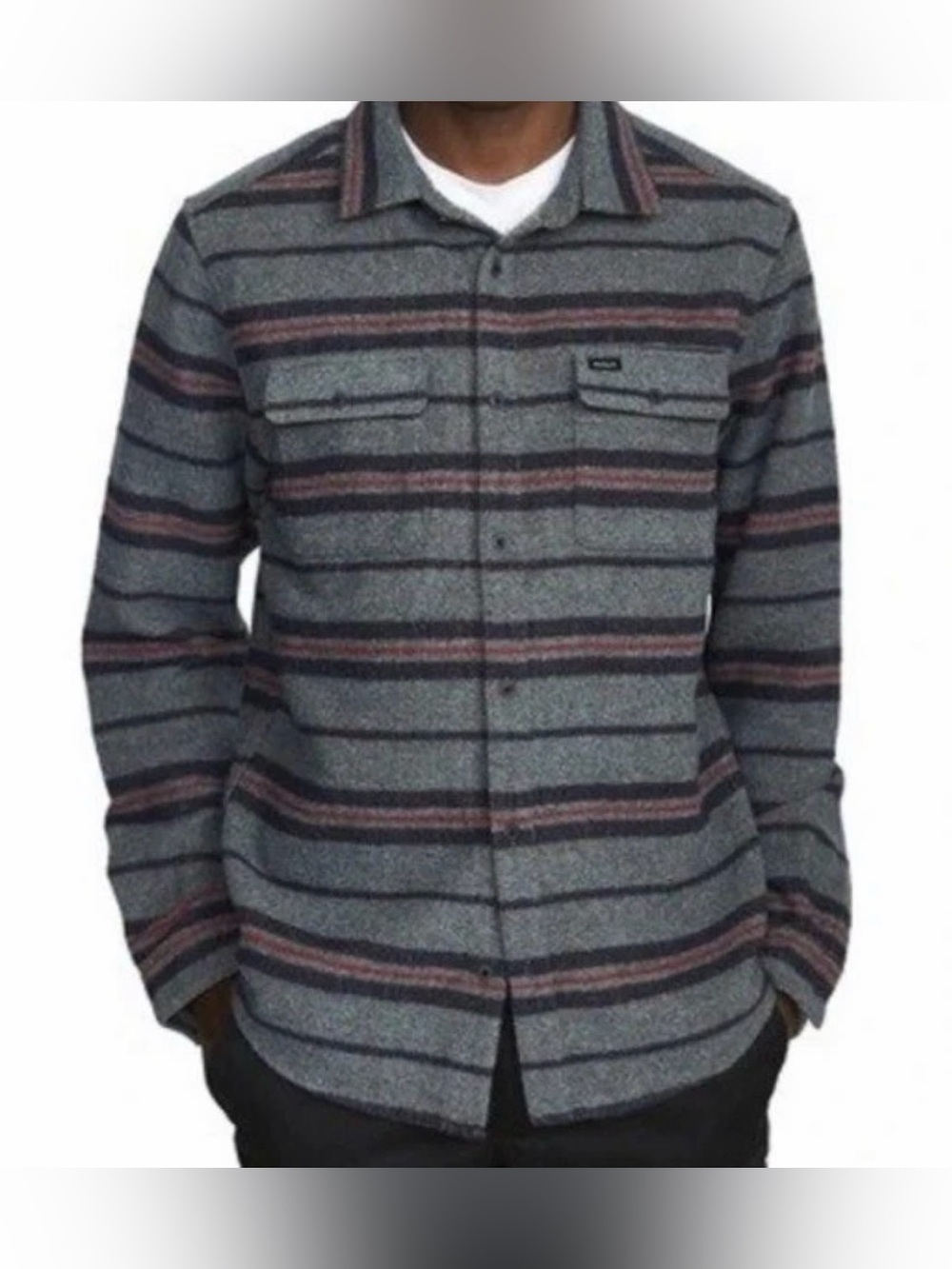 RVCA Blanket Flannel Shirt Men's XL Gray Red Striped Wool Blend Heavy Button Up